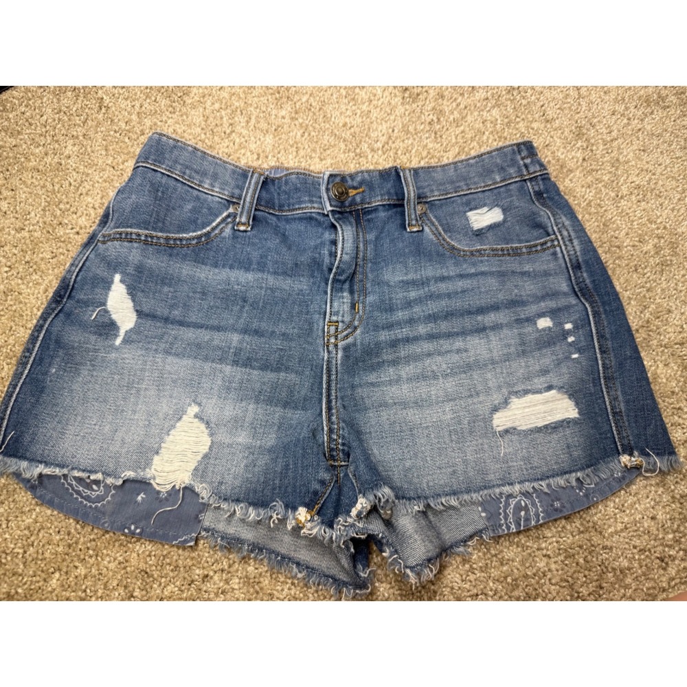 Aerie Distressed Denim Shorts Medium Wash Bandana Trim Elastic Back Womens Small